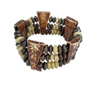 Tribal Style Stretch Bracelet Carved Wood Beads Natural Earth Tone Boho Chunky